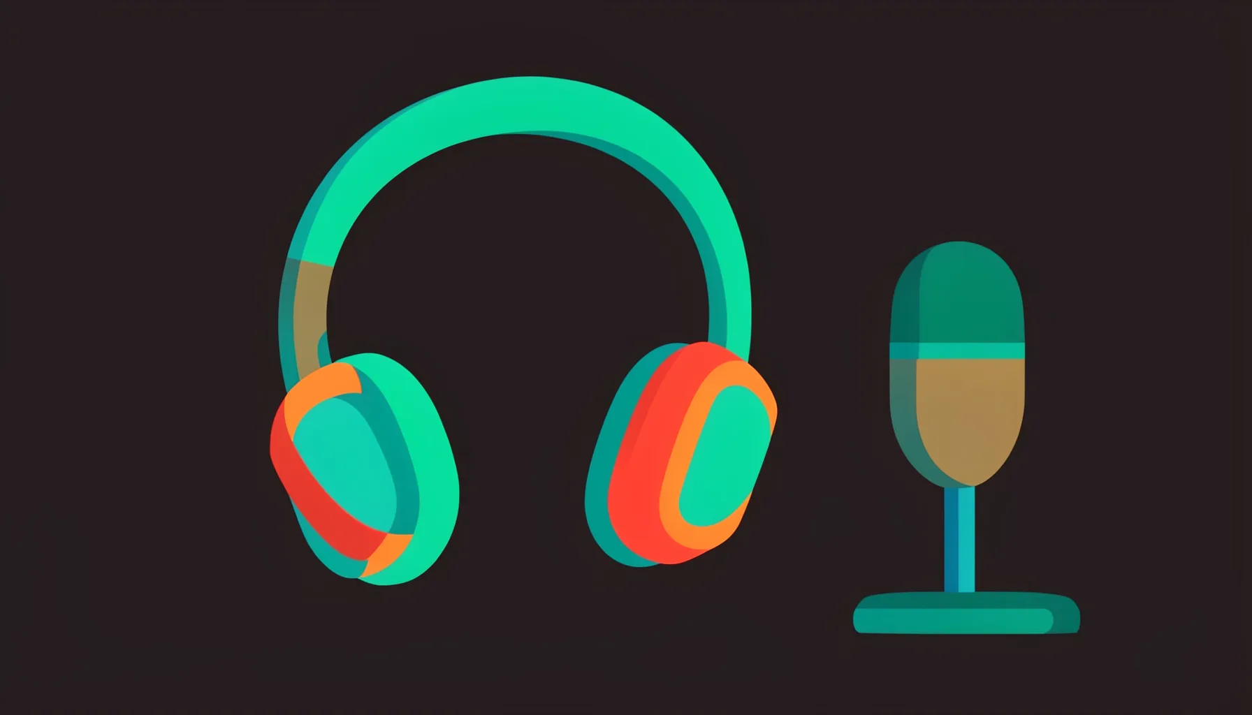 Flat vector illustration of a pair of over-ear headphones and a compact desktop microphone on a dark surface, accented with teal and warm orange tones.