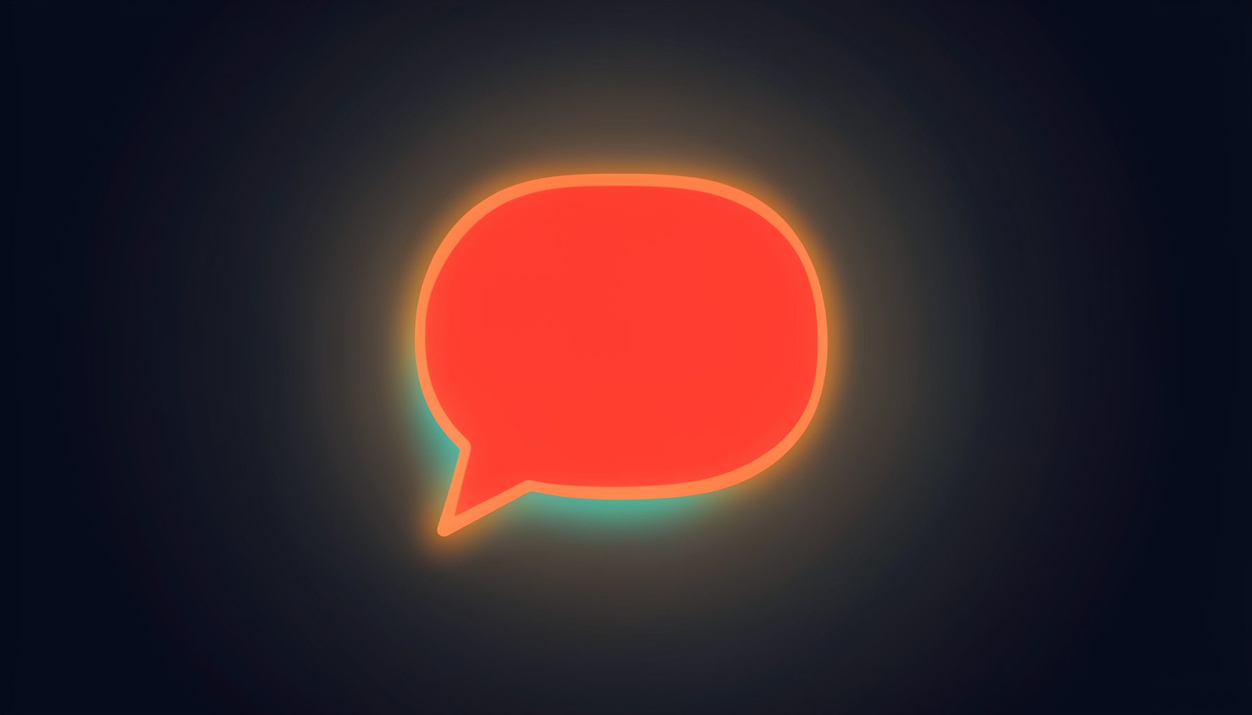 A flat vector illustration of a glowing chat bubble icon over a dark gradient background, with soft orange and teal accents suggesting communication and support.